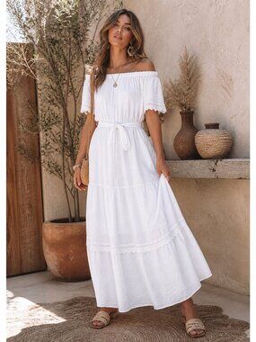 Luxology Maxi Dress Tiered Off Shoulder Boho Cottagecore Romantic Peasant Size S